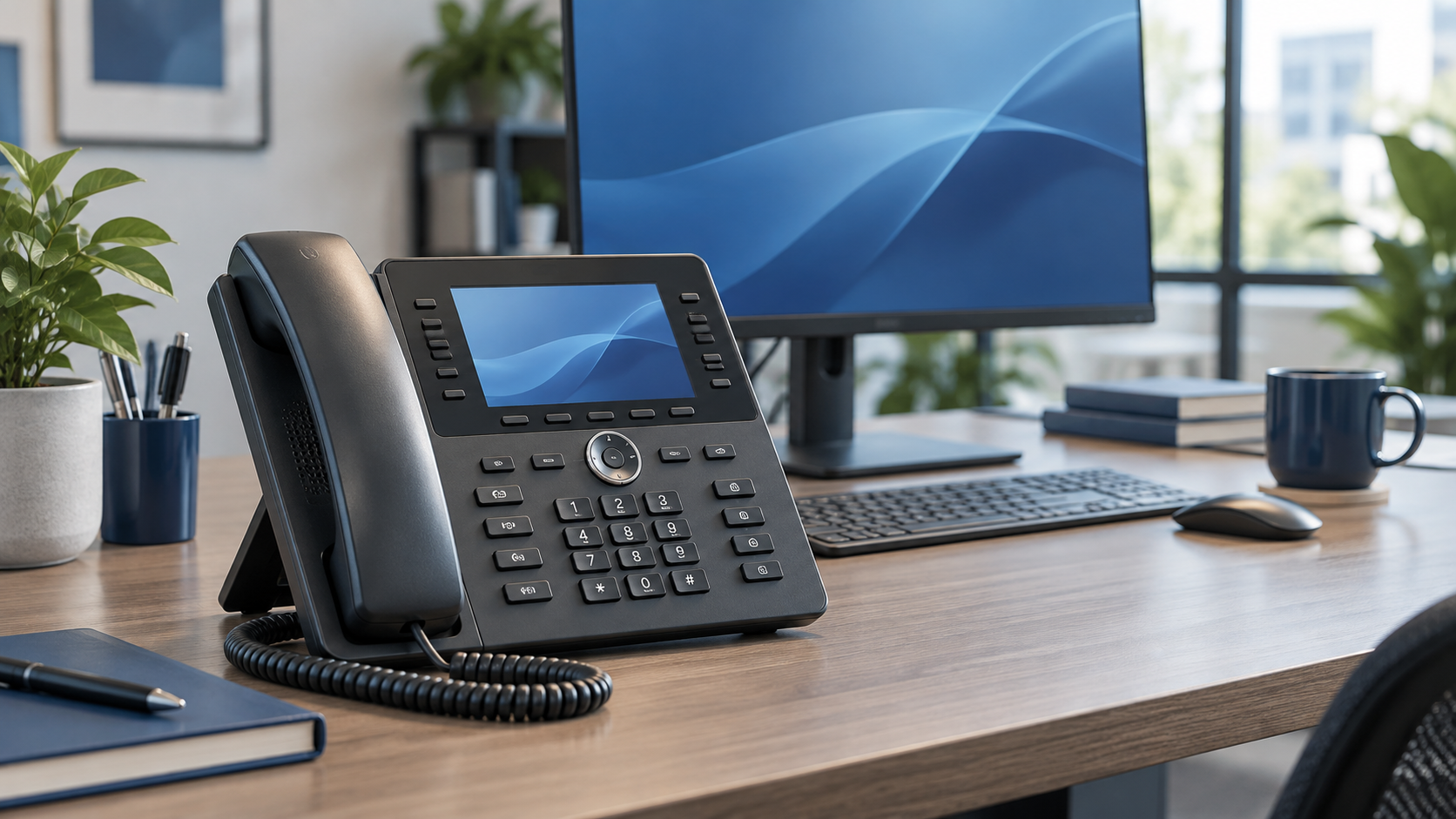 Business VoIP phone and workstation in a modern office