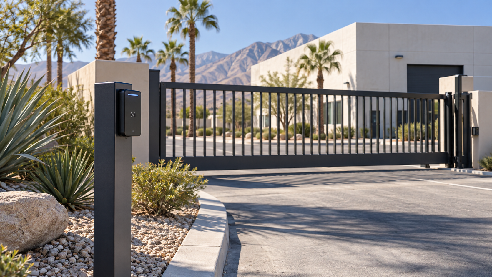 Commercial security gate and access reader in a desert business park
