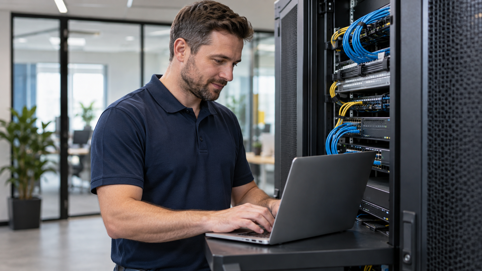 IT technician working beside a business network rack