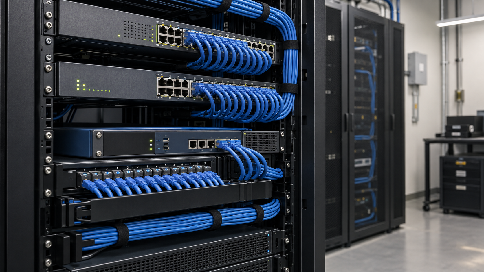 Organized network rack with blue Ethernet cables and business networking equipment