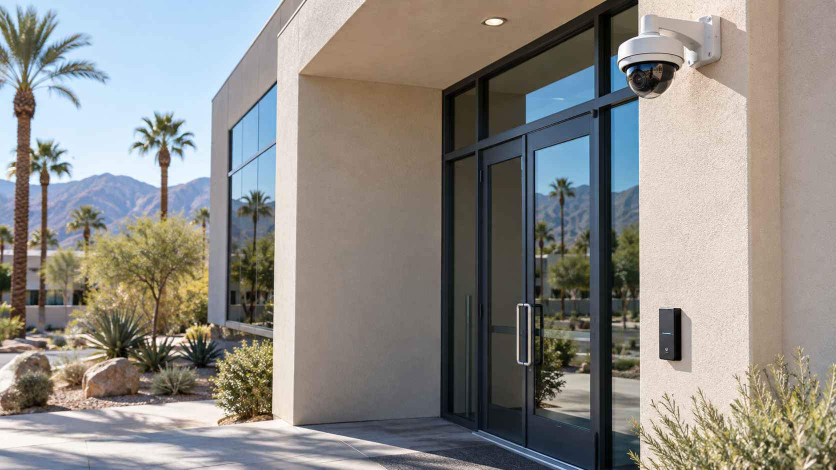 Commercial entrance with a security camera and electronic door access reader